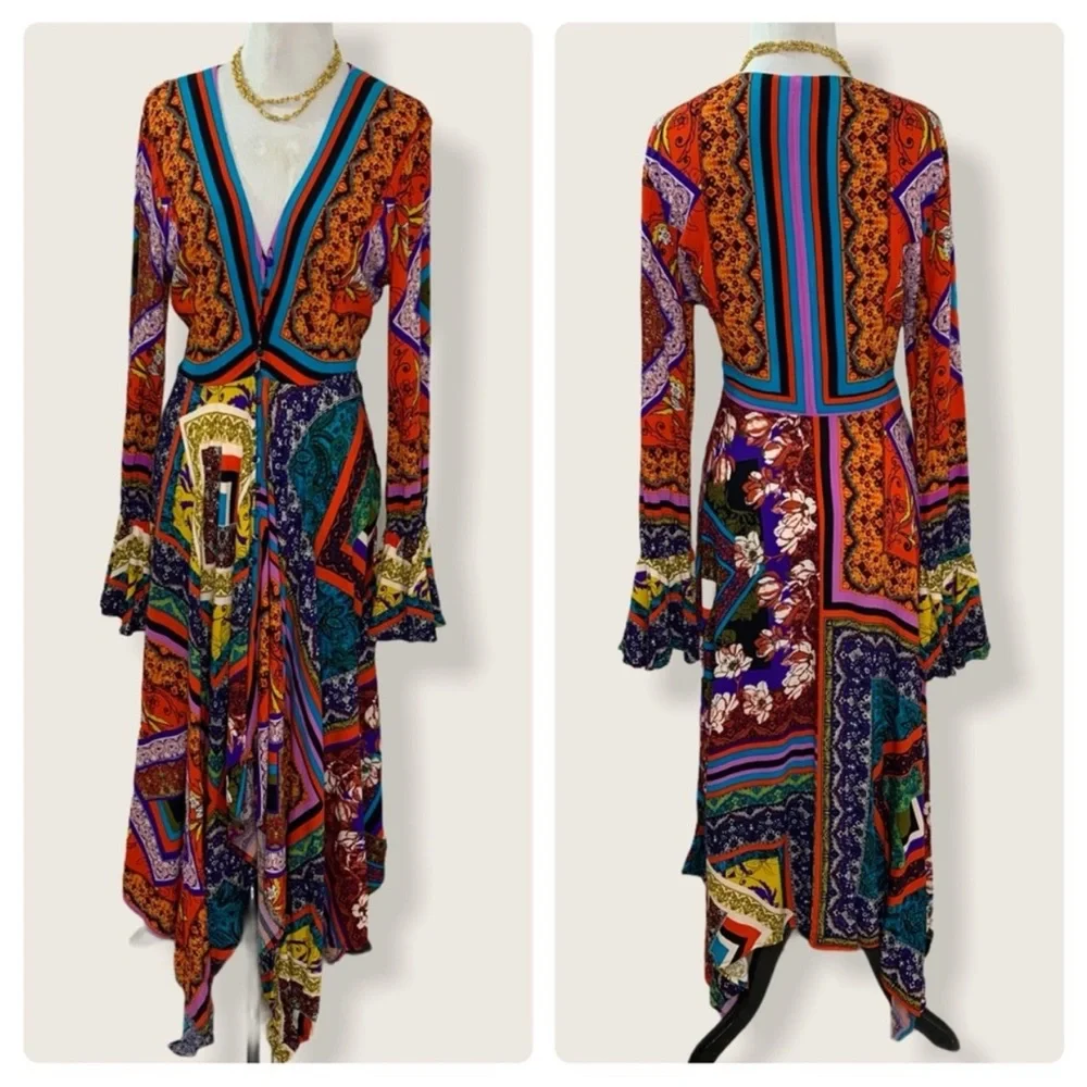 Free People Boho Patchwork‎ Hippie Dress Bell Sleeves XS